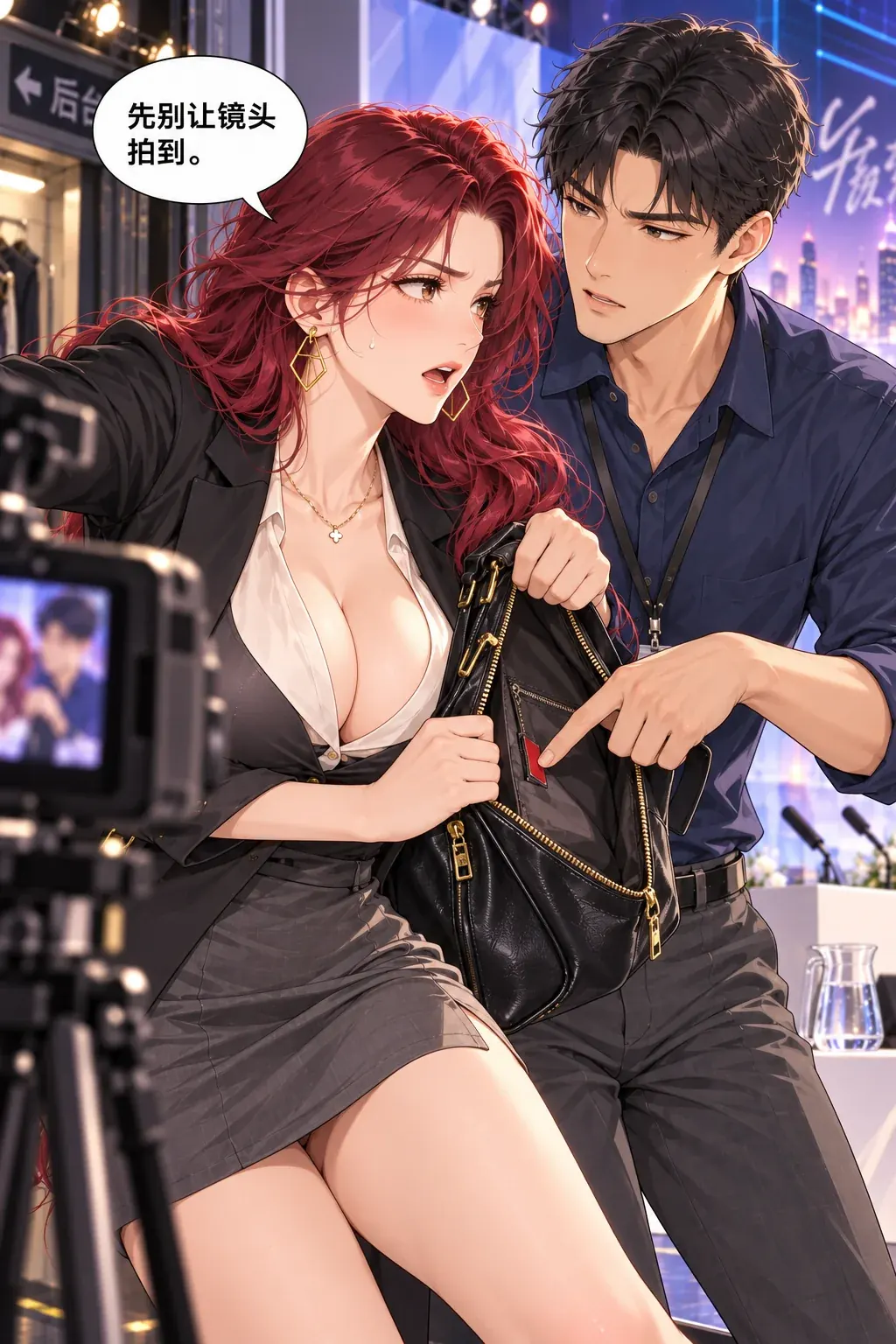 漏点，被我抓到了漫画画面：《漏点，被我抓到了》：近景呈现外人容易误会的亲密构图与她的掩盖选择