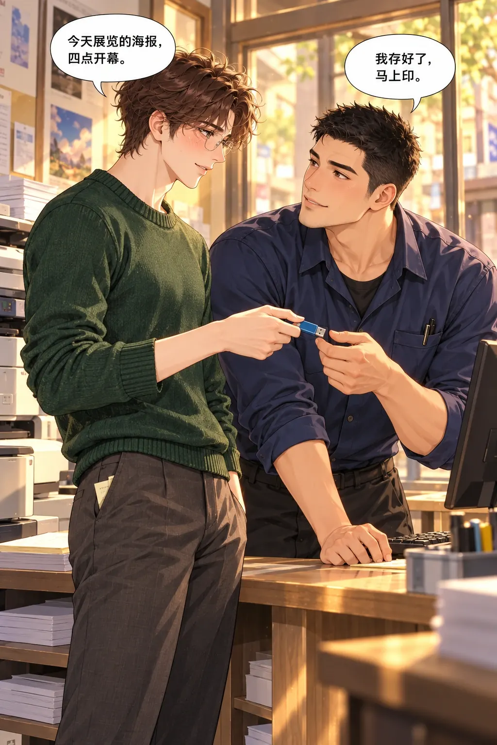两张票，谁先开口漫画画面：沈礁与陆野在打印店：揣着小心思上门