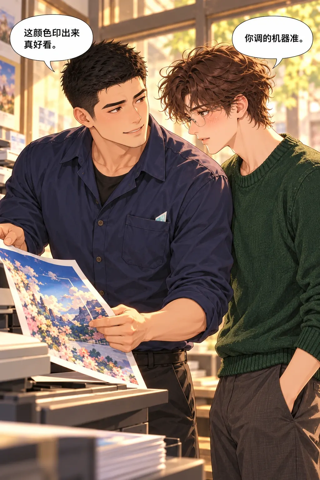 两张票，谁先开口漫画画面：沈礁与陆野在打印店：边干活边各藏心思