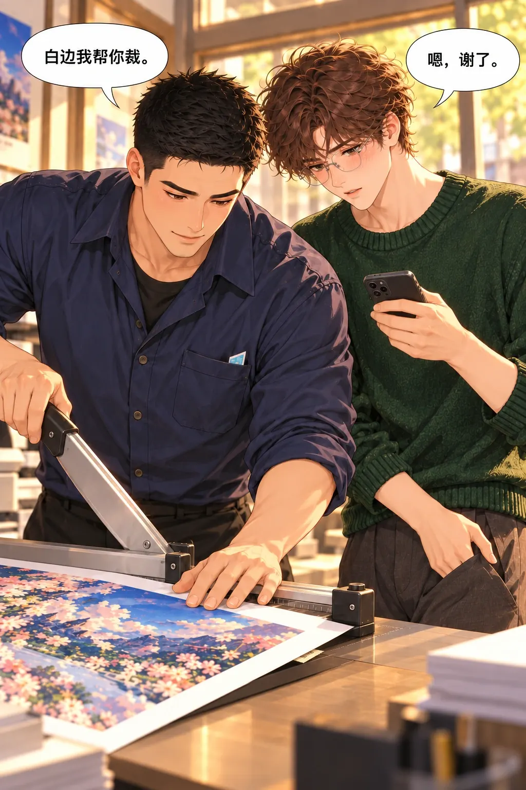 两张票，谁先开口漫画画面：沈礁与陆野在打印店：收拾纸堆出小意外