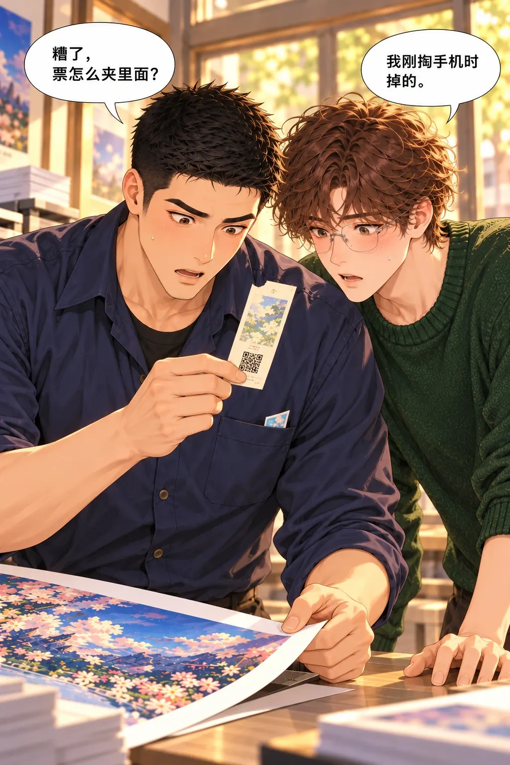 两张票，谁先开口漫画画面：沈礁与陆野在打印店：发现事故当场僵住