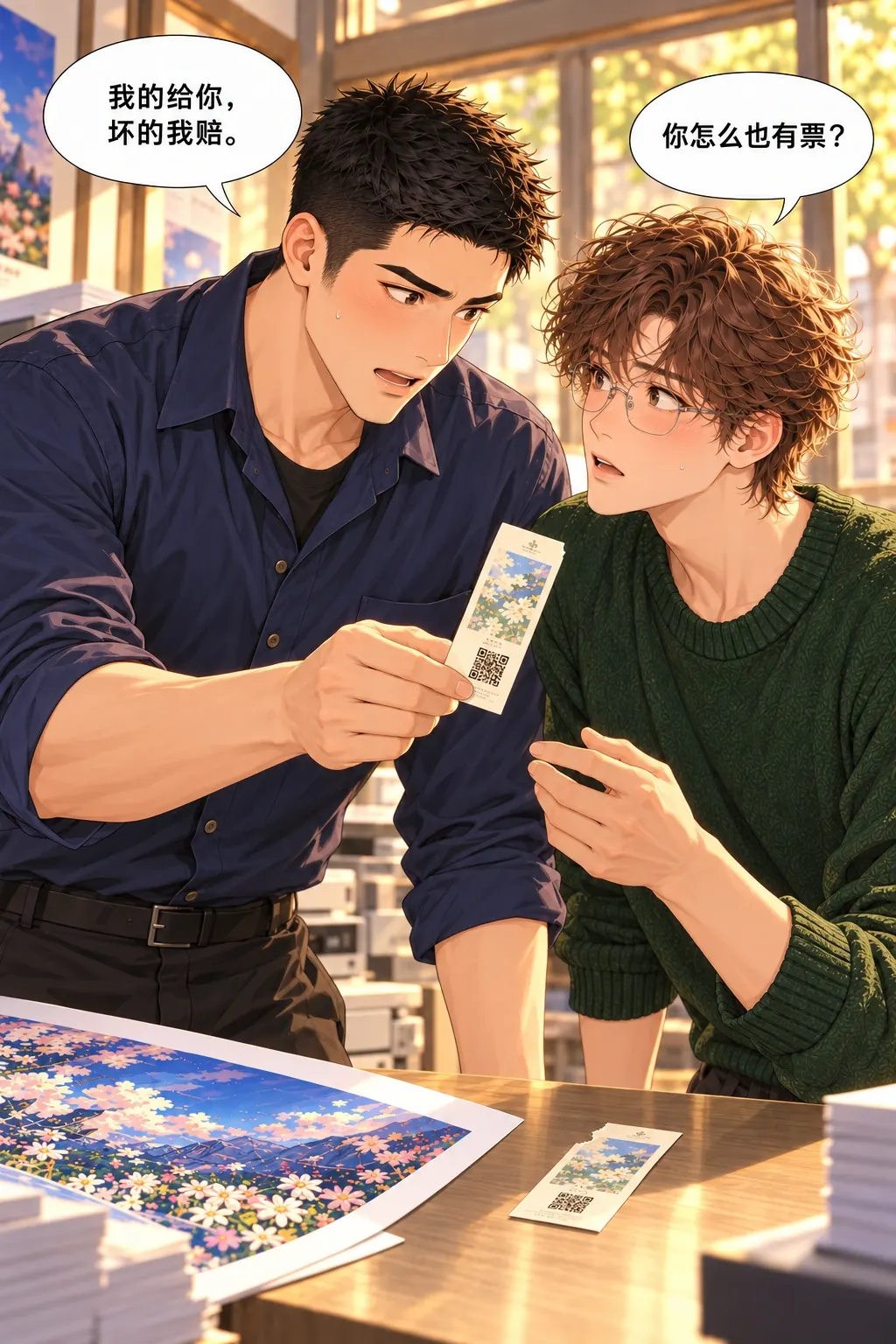 两张票，谁先开口漫画画面：沈礁与陆野在打印店：抢着赔票露了马脚