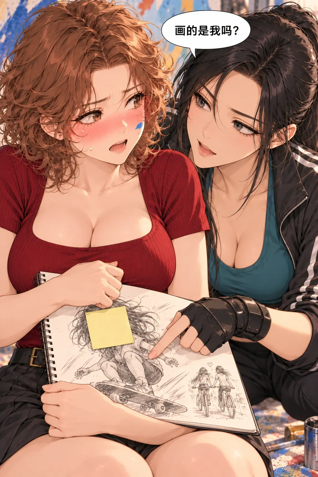 蓝轮印的第一次夜骑漫画画面：乔岚靠近看半开画册，只看见无脸滑板人物和旁边两个小人夜骑草图；她指向运动剪影，顾葵用手护住纸页。