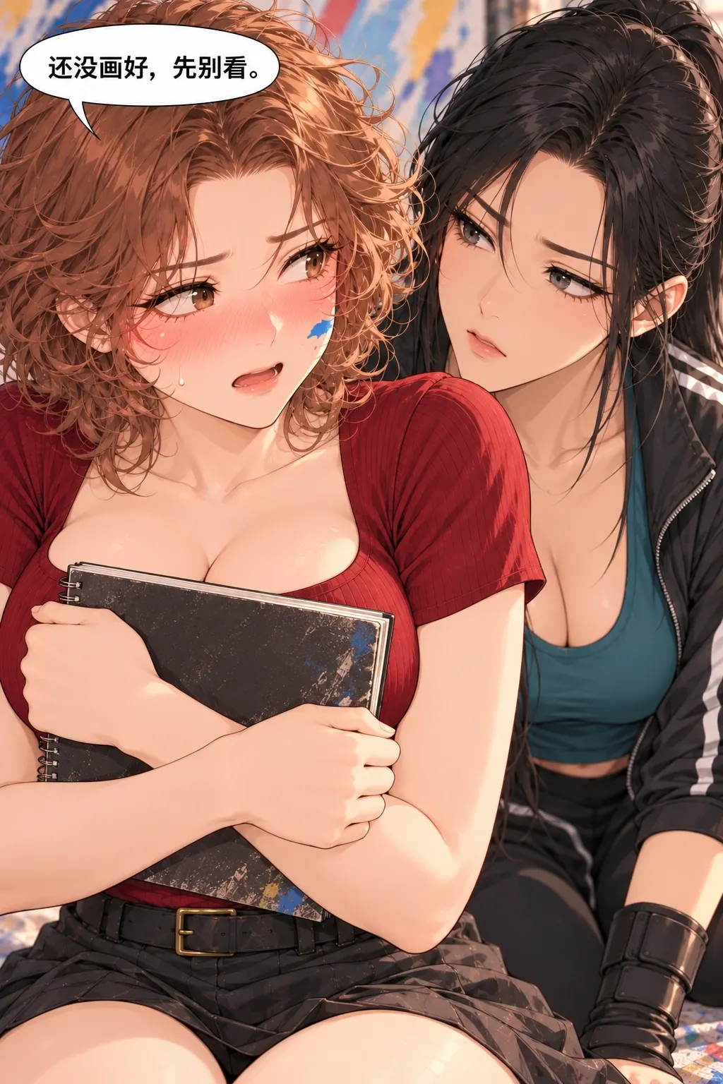 蓝轮印的第一次夜骑漫画画面：顾葵脸颊烧红，合起画册抱在胸前，视线闪躲；乔岚的目光从画册移到她脸上，误会自己只是可替换的动作素材。
