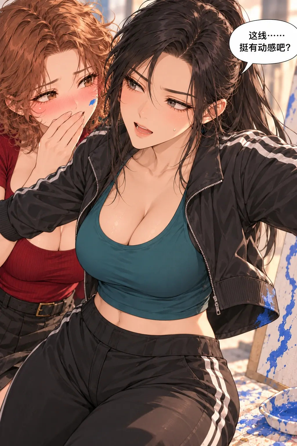 蓝轮印的第一次夜骑漫画画面：乔岚在板前张开胳膊故作酷相，试图挡住歪线；后退时短夹克后摆蹭到盘边少量溢出的蓝颜料，自己还没发现。顾葵从她肩旁看见蓝印。
