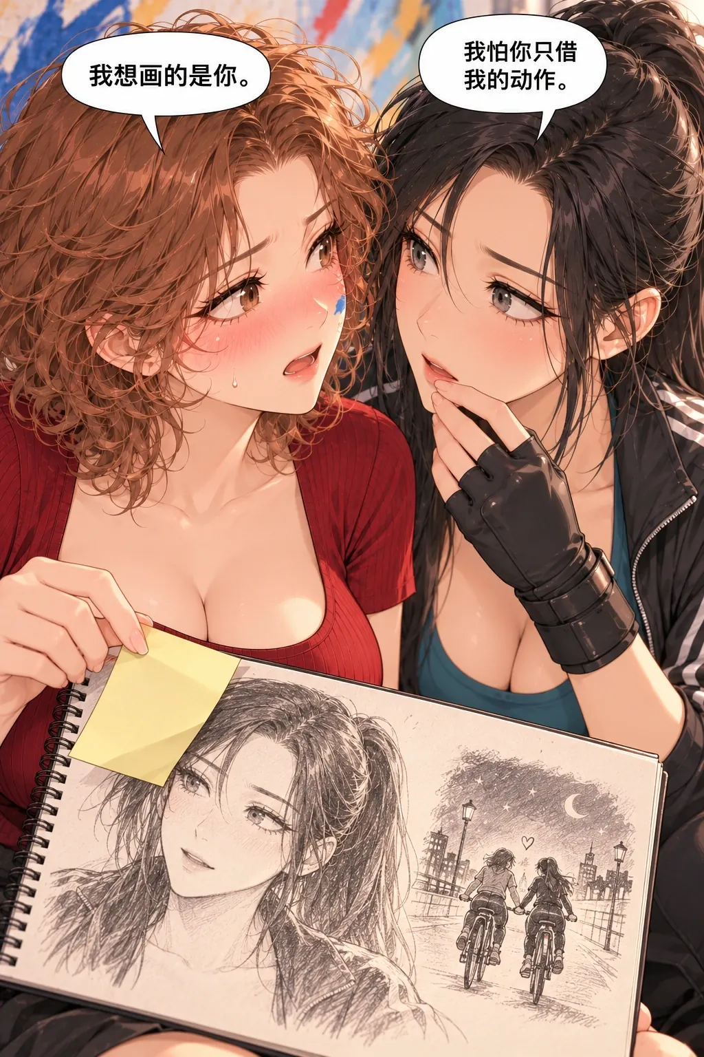 蓝轮印的第一次夜骑漫画画面：顾葵不再藏，亲手揭掉画册的无字便签，露出乔岚独特正脸与两人夜骑的小画；她抬眼坦白想画的人就是乔岚。乔岚由失落变惊喜，也承认怕自己只被借动作。