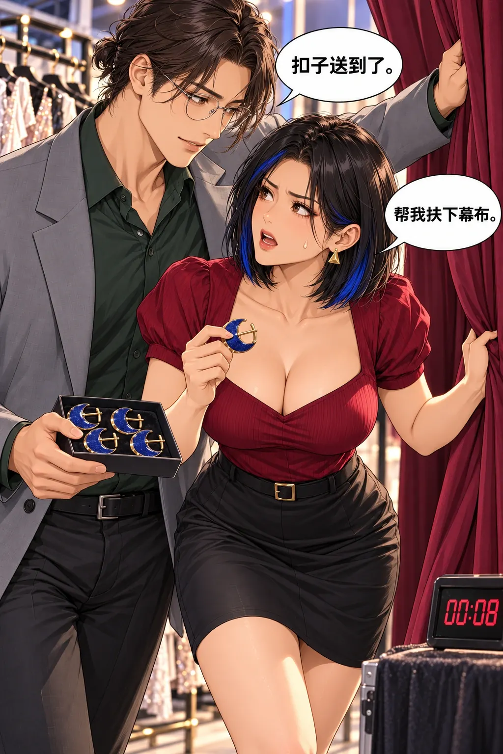 先别夹我袖子漫画画面：《先别夹我袖子》第2格：男主有合理位置与帮助动机，袖口靠近幕布