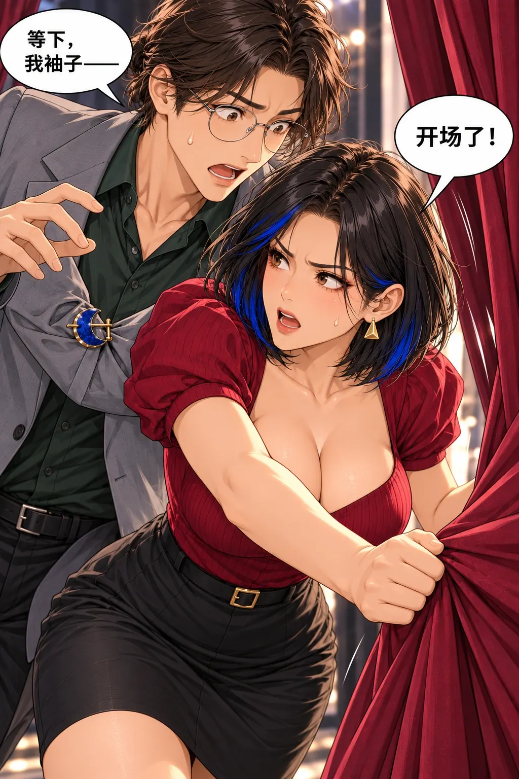 先别夹我袖子漫画画面：《先别夹我袖子》第4格：误夹直接造成他被牵入展台，误会升级为可见尴尬
