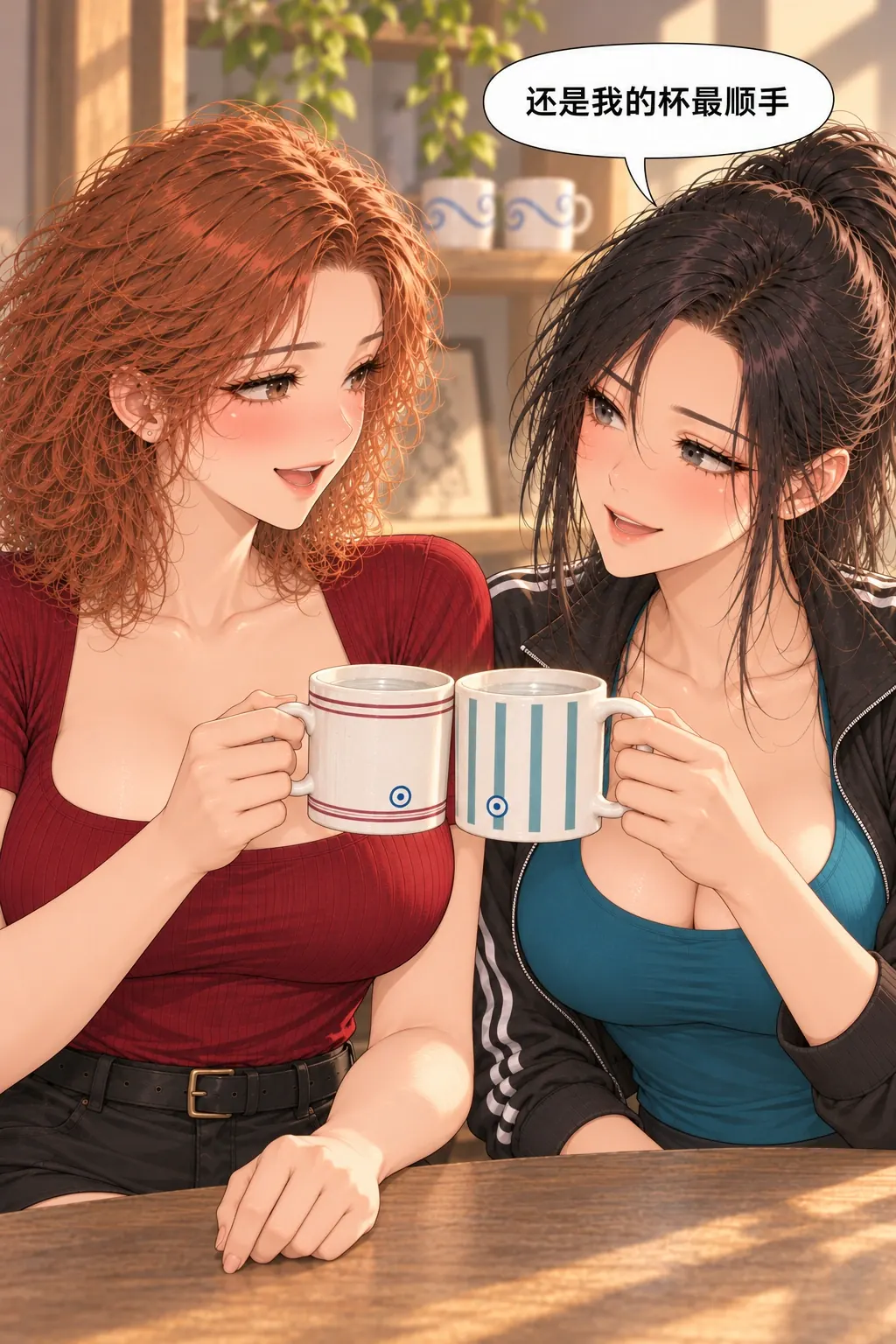 对杯的把手漫画画面：礼物被实际使用，旧杯仍作纪念