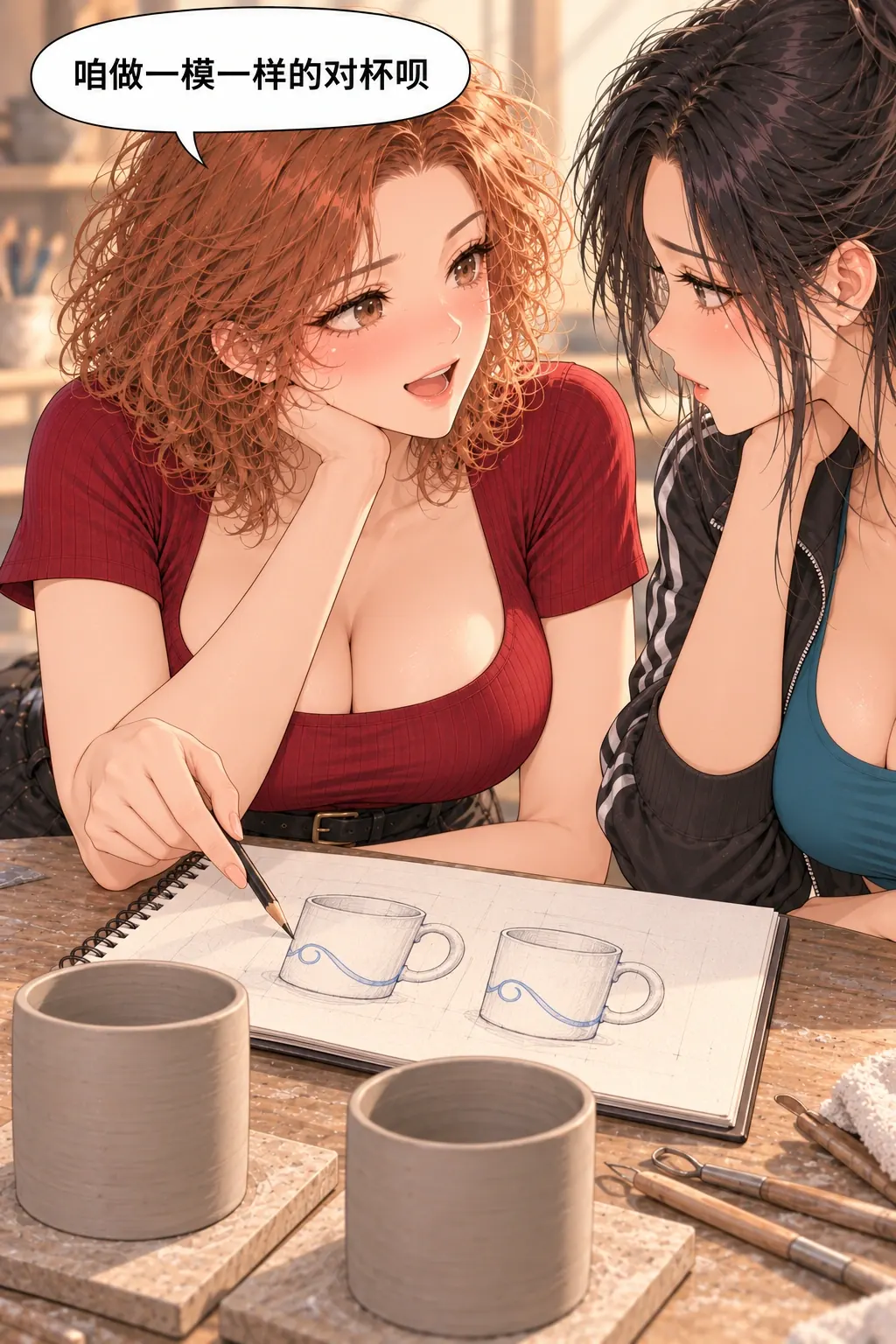 对杯的把手漫画画面：她把外观成对当作心意