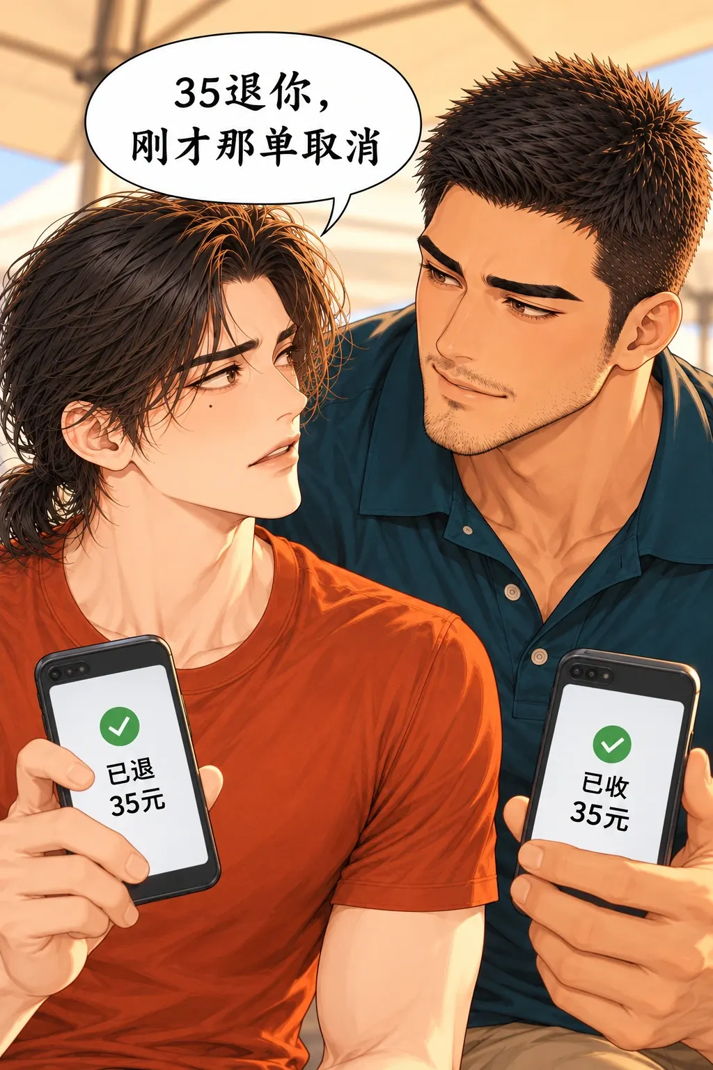 男朋友把摊包圆了漫画画面：季朗退35元后贺闻确认收款