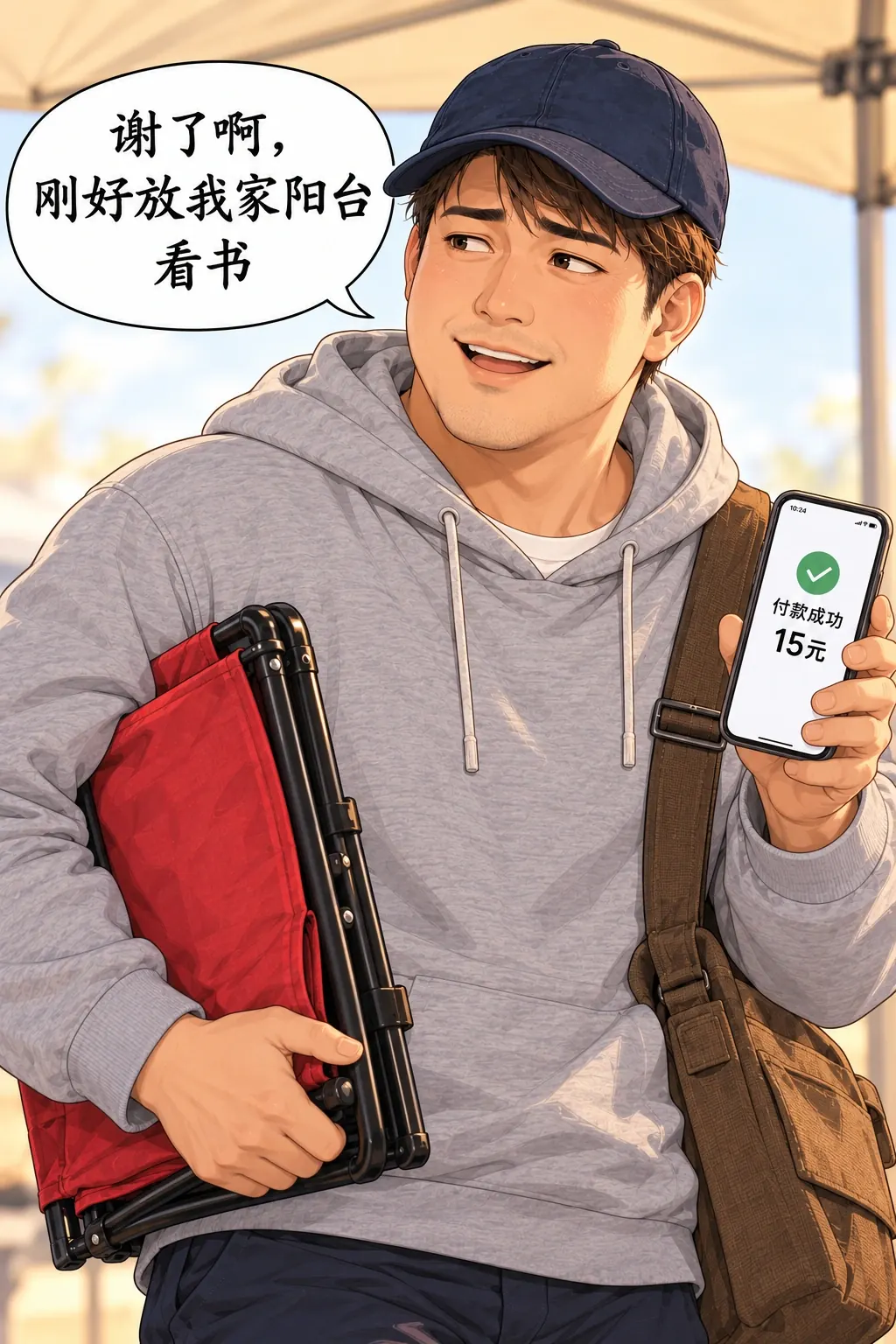 男朋友把摊包圆了漫画画面：陈先生付款带走椅子