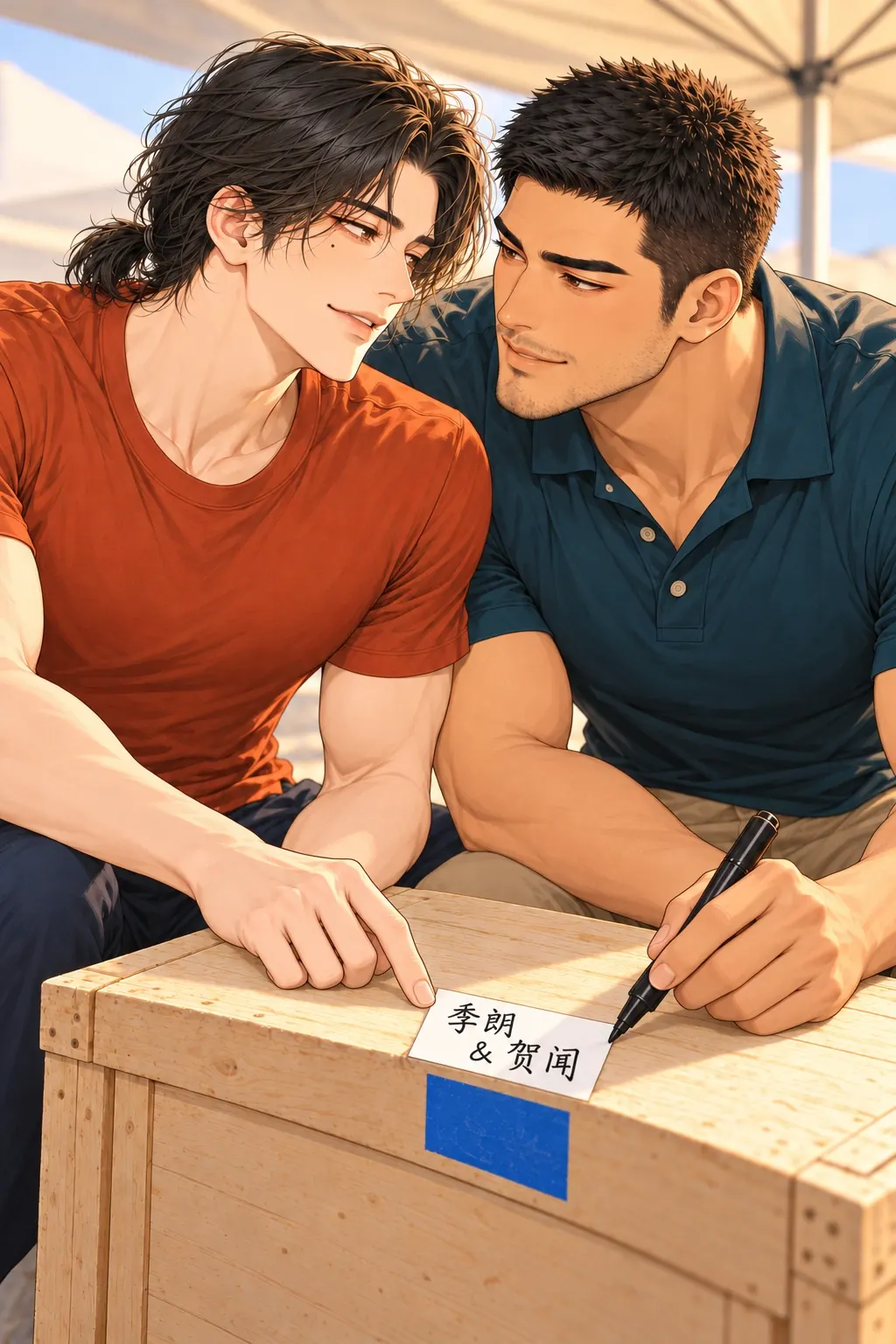 男朋友把摊包圆了漫画画面：两人把旧价签翻面写上共同姓名