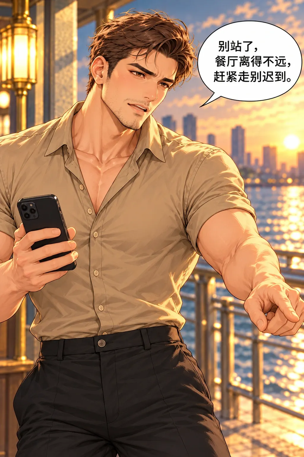 第三条路，坐回去漫画画面：陈序走到孟遥身边，抬手指向步道尽头方向