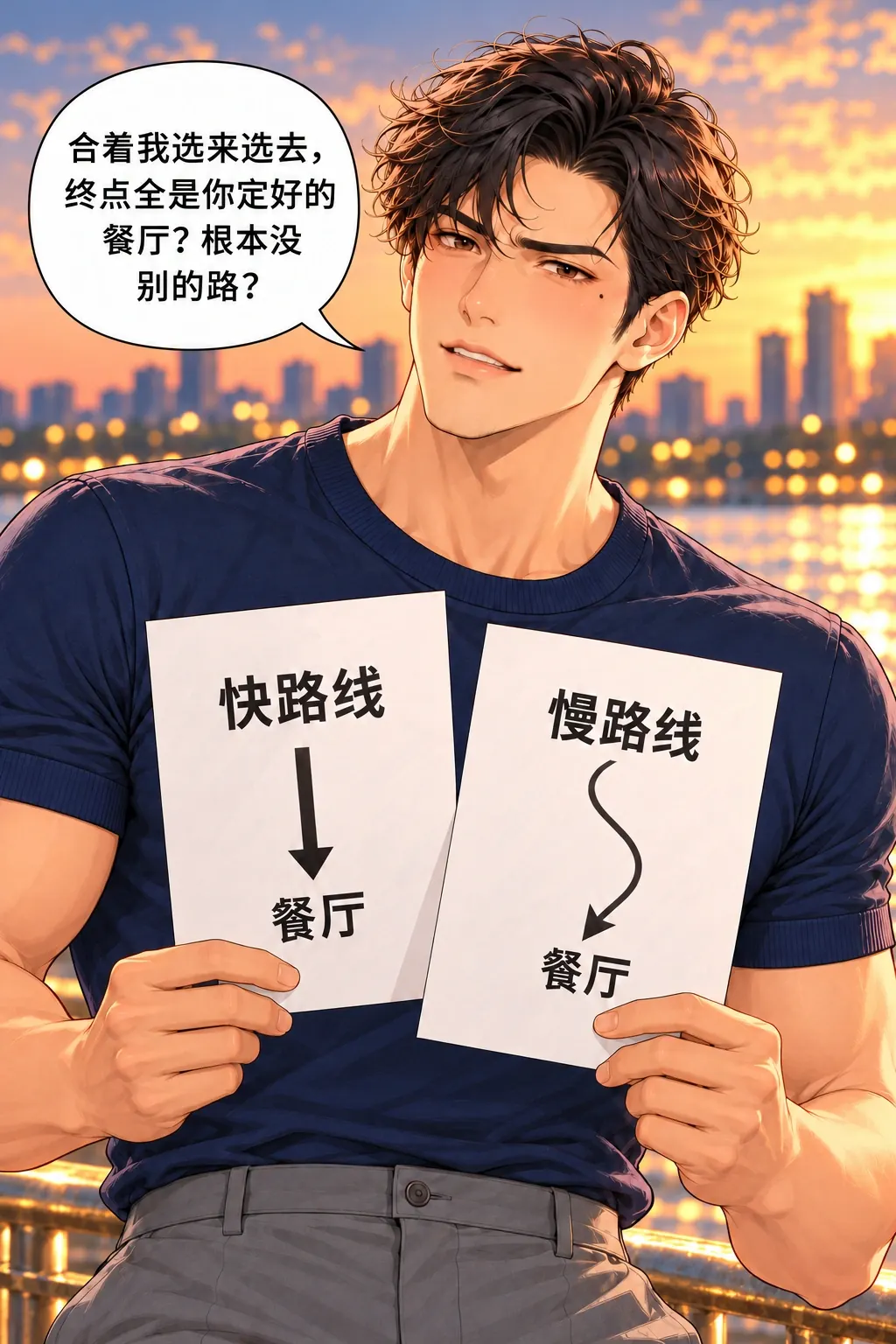 第三条路，坐回去漫画画面：孟遥把两张路线纸并在一起举到眼前
