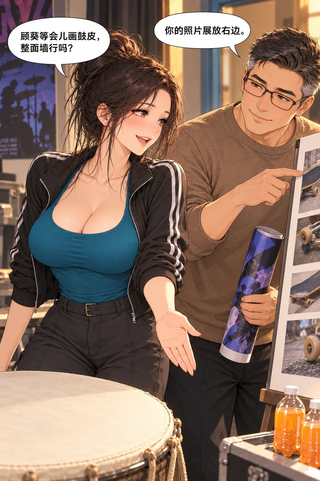 她今天下班了漫画画面：乔岚不满足原有右半幅小照片展，以未经同意的顾葵绘画争取整面墙。