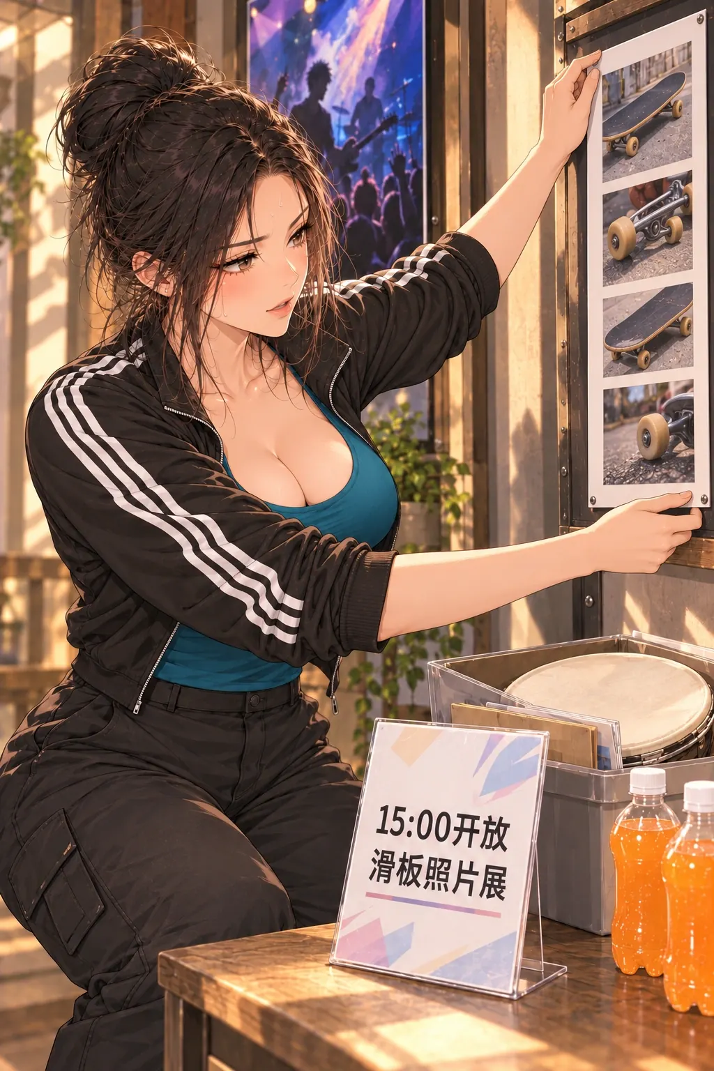 她今天下班了漫画画面：更正和重布置确实完成，原有小展板只回到右边，左边归乐队，没有新奖励。