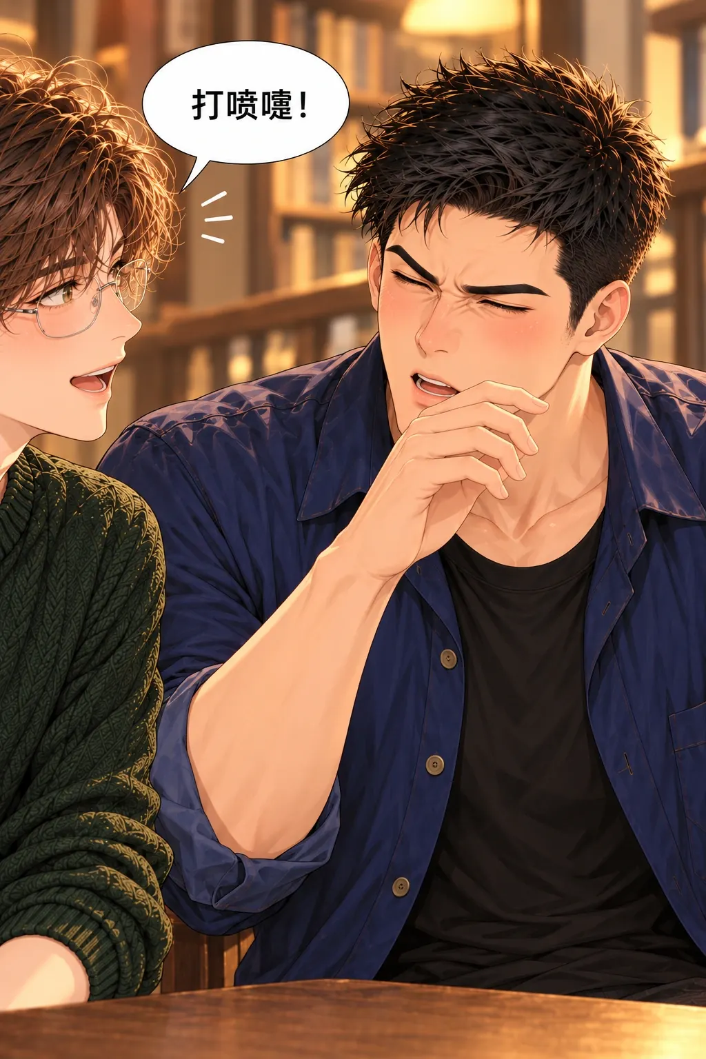 先让我演完漫画画面：陆野刚皱鼻抬手，沈礁马上猜出打喷嚏。