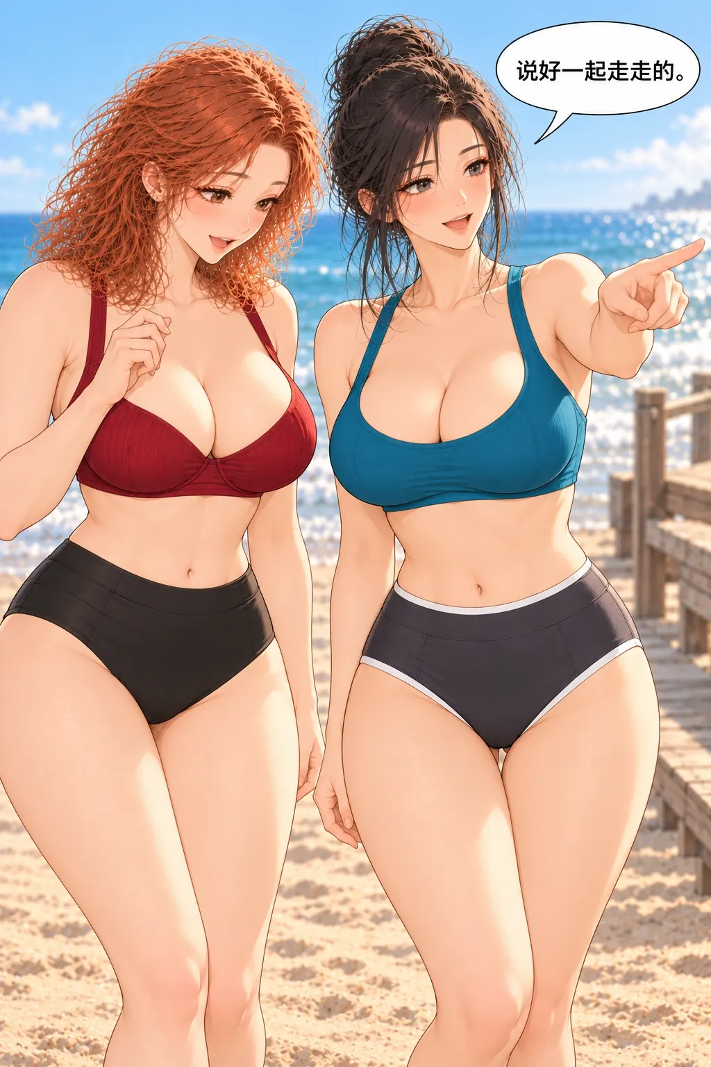 太阳缺了一角漫画画面：两位穿规定泳装的女性赤脚站海边干沙上，准备散步