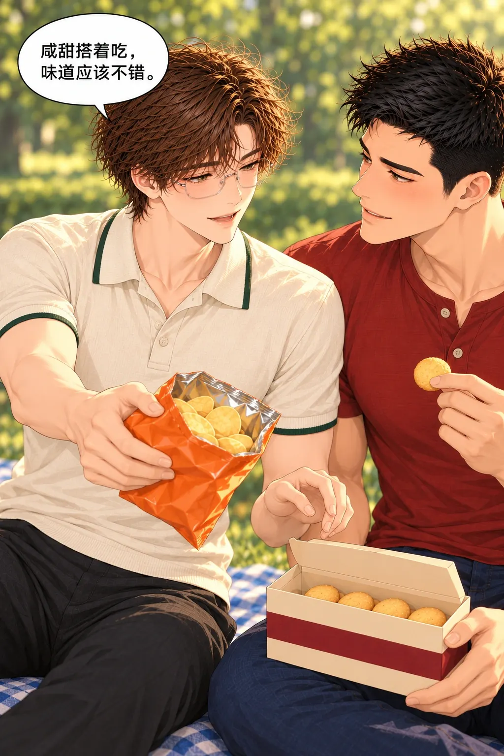 换都换了漫画画面：沈不直说想吃，反而递出自己的咸脆片提搭配。