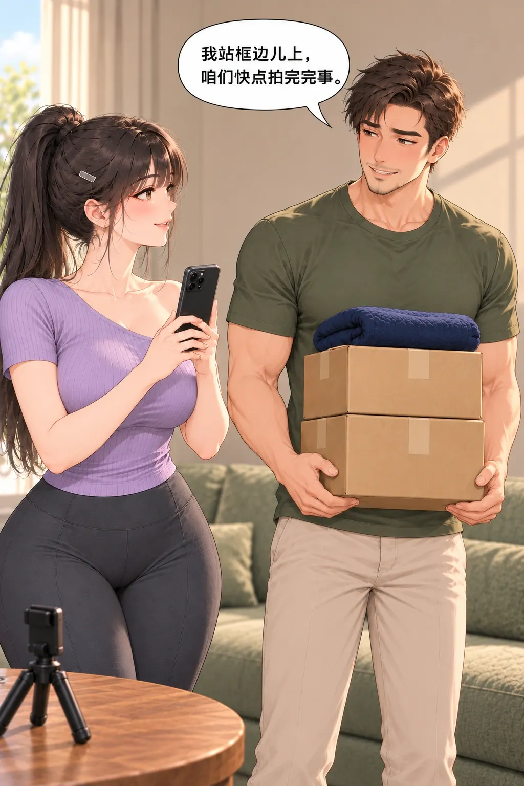 十秒收纳翻车漫画画面：他又主动临时藏物，想快拍完，反而自己站成了储物位。
