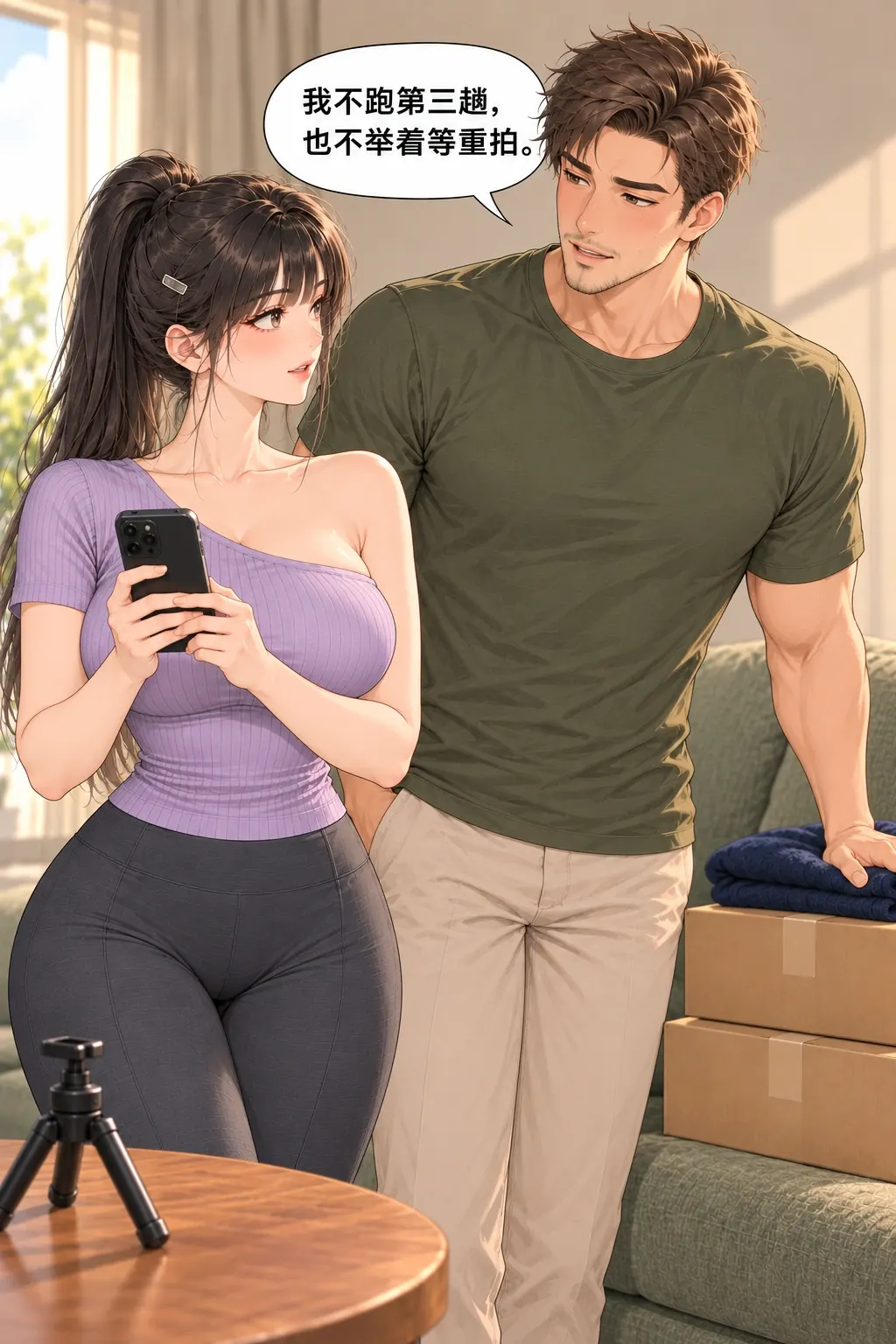 十秒收纳翻车漫画画面：他主动终止继续藏的方案，第三趟指尚未去的卧室，不把拒绝写成被物理困住。