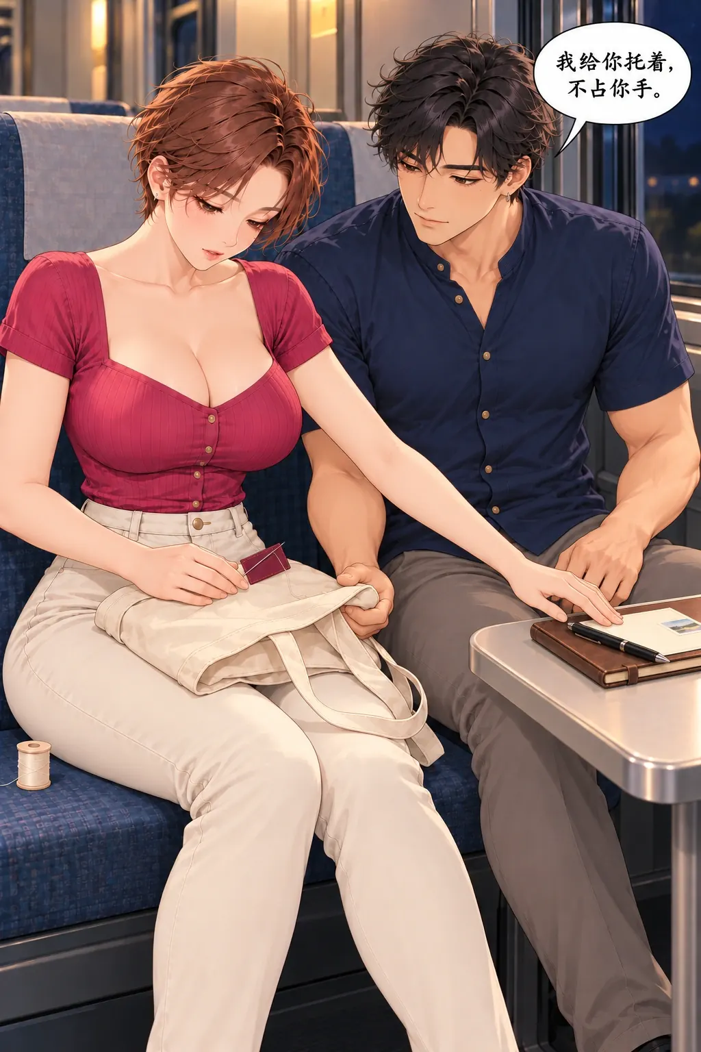 这忙还不完了漫画画面：孟主动暂停自己的写卡去还一个忙，两个人各用一手帮别人，自己的小事仍停；客气未减少。
