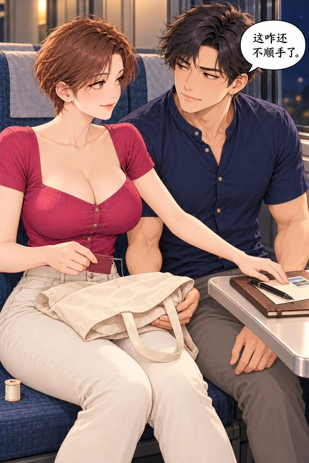 这忙还不完了漫画画面：孟自己的卡因主动帮忙停写，陶也还在迁就托袋角度比位；他们察觉搭手没有结束这份客气。