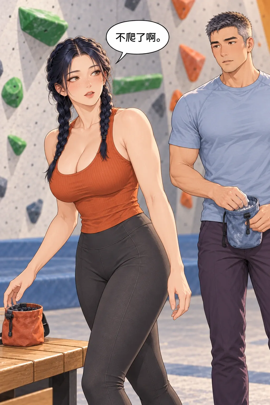 热身热到收工漫画画面：女方先结束自己的重试，不替男方宣布结果。
