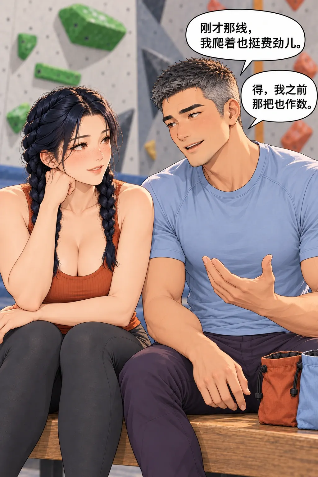 热身热到收工漫画画面：男主动放掉装熟练的面子，认回自己完成；不是被动获赦。