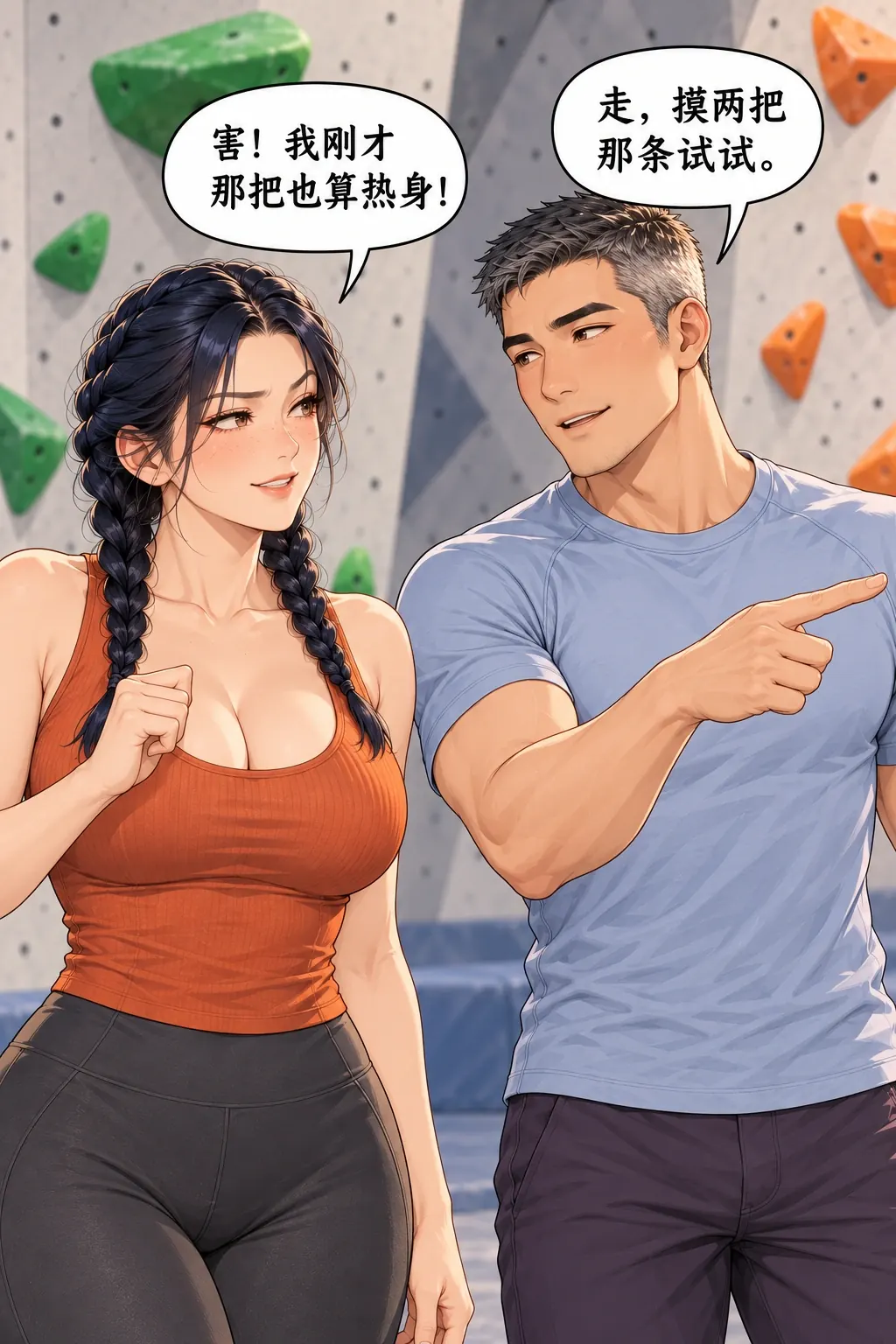 热身热到收工漫画画面：女也作出错误选择，双方先保住面子才自愿去橙线。