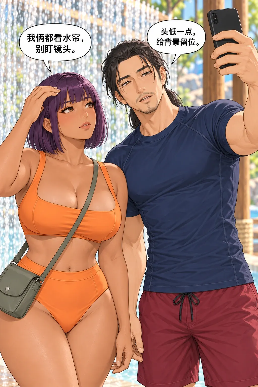 这回自然，却没拍着漫画画面：同框仍由两人自己同时安排，所谓自然被构图和姿势再次挤走。