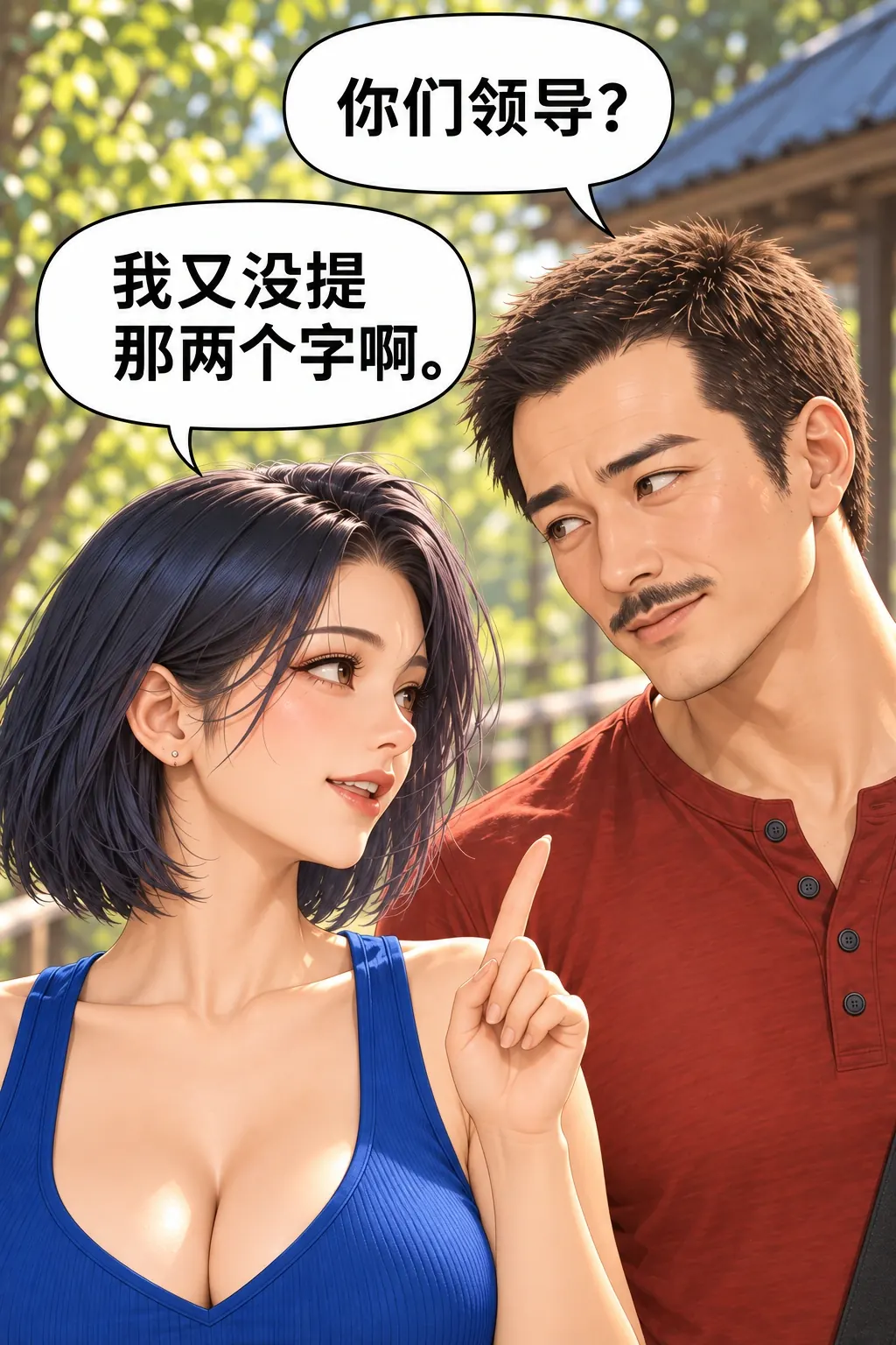 散步散成临时会漫画画面：男明说领导映射，女自知仍辩护