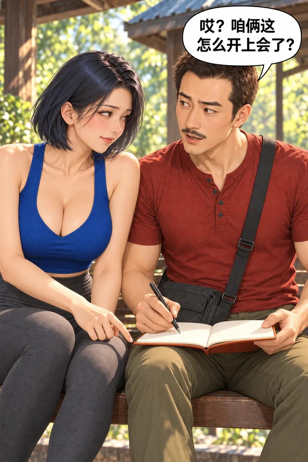散步散成临时会漫画画面：两人看见自己真的开上会而非只换词